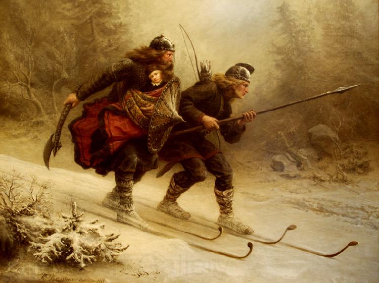 Knud Bergslien Birkebeinerne pa Ski over Fjeldet med Kongsbarnet Spain oil painting art